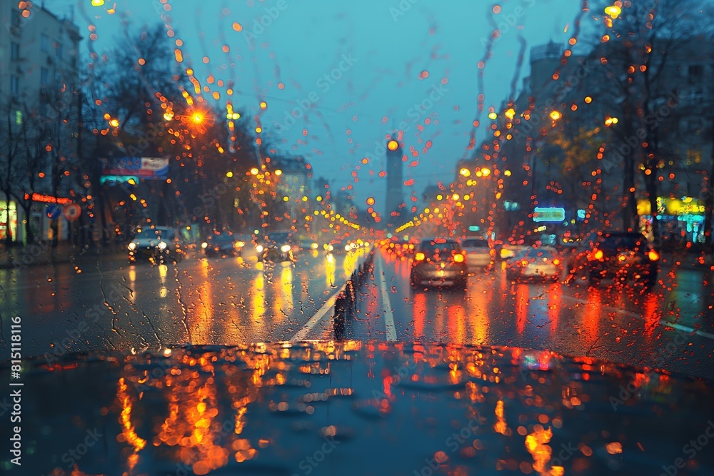 Fototapeta premium Blurred traffic lights on rainy city street
