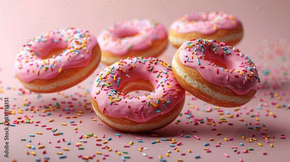 Pink Donuts with Sprinkles Floating in the Air Pink Donuts with Sprinkles Floating in the Air
