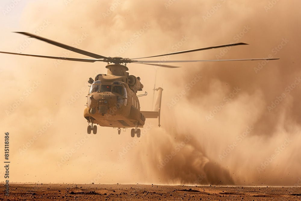 A helicopter flying above a dusty landscape, kicking up clouds of dust as it moves across the barren terrain A helicopter flying above a dusty landscape, kicking up clouds of dust as it moves across the barren terrain
