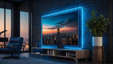 Smart TV and blue neon lights in sleek modern interior, 3d render. Generative ai.
