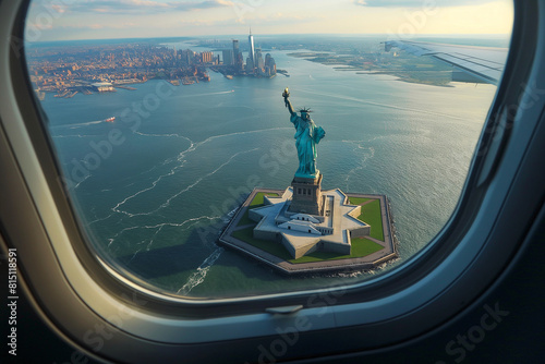 A view of the Statue of Liberty from an airplane window photo