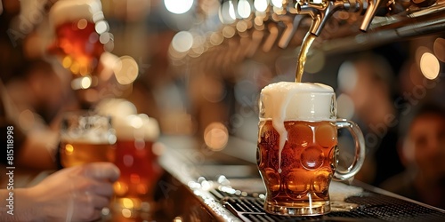 Pouring cold draught beer into a mug at a pub. Concept Beer, Pub, Draught, Pouring, Cheers