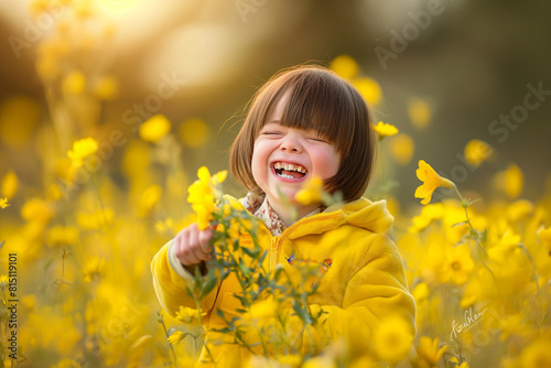 A young girl is smiling and laughing in a field of yellow flowers