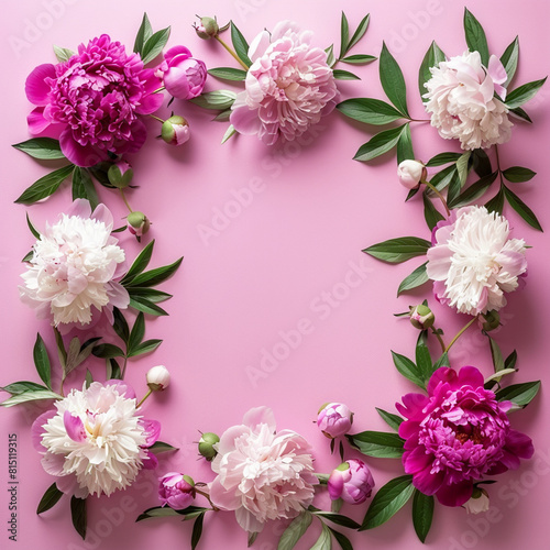 Wallpaper Mural Frame of beautiful flowers, peony frame on pink background, flat layer, top view, space to copy text, summer flowers, summer backgrounds Torontodigital.ca