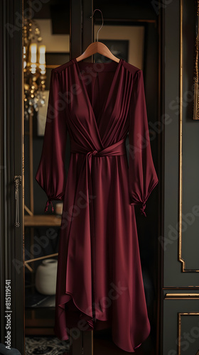Glimpse of Elegance: Burgundy Wrap Dress in a Luxurious Dressing Room
