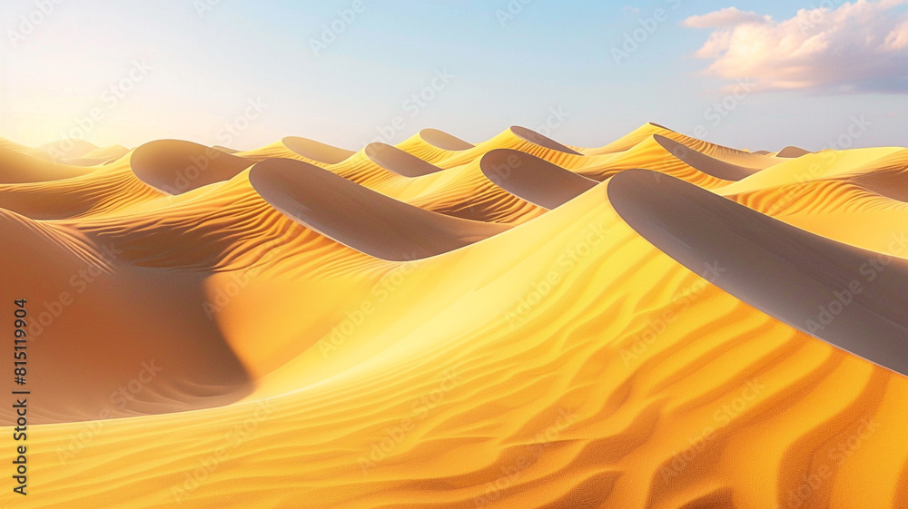 Golden sand dunes stretching to the horizon, their undulating shapes catching the light of the rising sun in a serene desert landscape.
