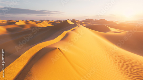 Golden sand dunes stretching to the horizon, their undulating shapes catching the light of the rising sun in a serene desert landscape. © R & Y creative