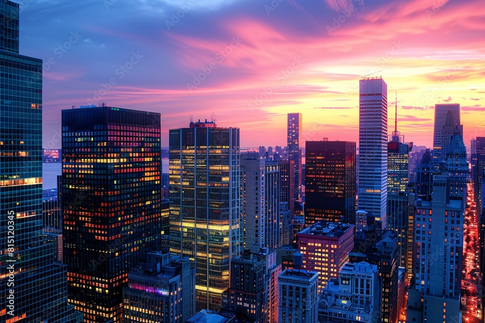The city lights begin to twinkle as the sun sets, casting a warm glow over the urban landscape below The city lights begin to twinkle as the sun sets, casting a warm glow over the urban landscape below