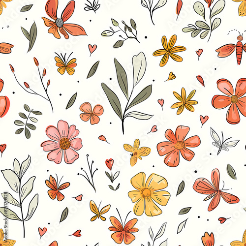 Colorful Minimalistic Floral Seamless Pattern with Red  Yellow  and Green Flowers and  Butterflies on White Background