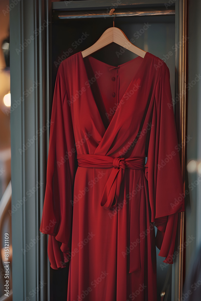 Glimpse of Elegance: Burgundy Wrap Dress in a Luxurious Dressing Room