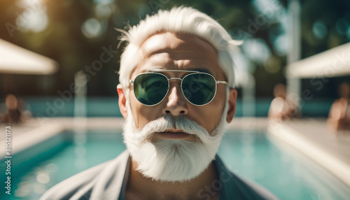 Portrait of a middle age man with white beard and sunglasses at swimming pool 