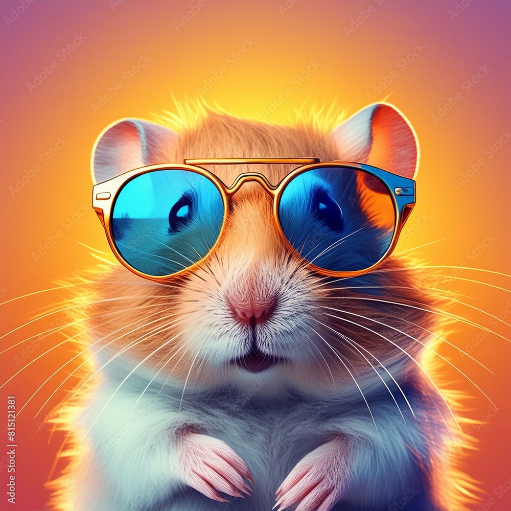 Creative animal concept. Hamster in sunglass shade glasses isolated on solid pastel background, commercial, editorial advertisement, surreal surrealism See Less
