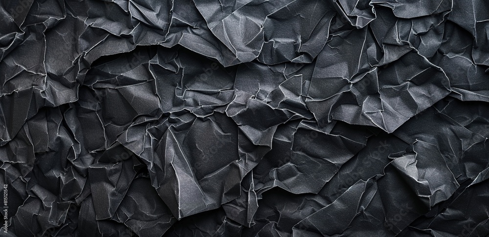 A closeup of crumpled black paper texture, with dark gray and matte tones.