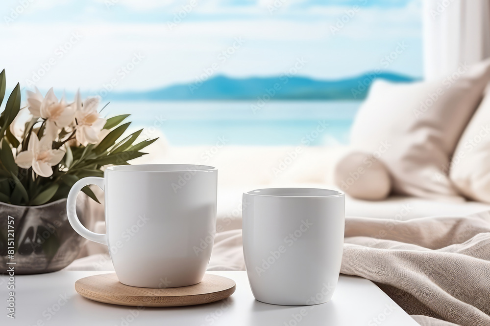 White Blank Tea Mugs with Beach Background for Summer Design and Branding Mockup White Blank Tea Mugs with Beach Background for Summer Design and Branding Mockup