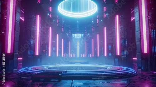 Futuristic cyberpunk stage with urban backdrop, circular platform and neon lights