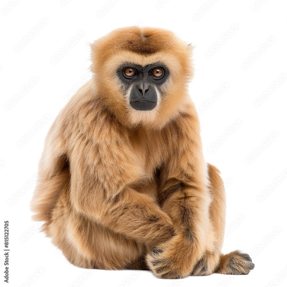 A solitary brown gibbon sitting in front of a plain Png background, a Beaver Isolated on a whitePNG Background A solitary brown gibbon sitting in front of a plain Png background, a Beaver Isolated on a whitePNG Background