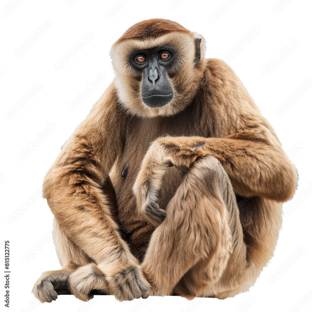 A brown gibbon monkey is seated in front of a plain white backdrop, a Beaver Isolated on a whitePNG Background