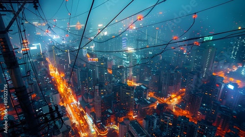 Urban Infrastructure Intricate Network of Electrical Wiring Powering Modern Cities photo