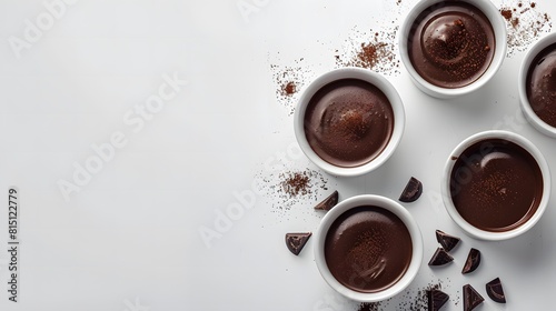 Dark chocolate mousse in white ramekins arranged on a white background. Flat lay composition with copy space. Dessert and gourmet cuisine concept for design and print. photo