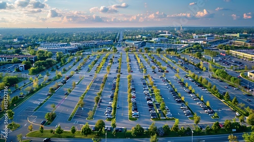 Vast Aerial Perspective Major Shopping Centers Spacious Parking Lot and Adjacent Stadium photo