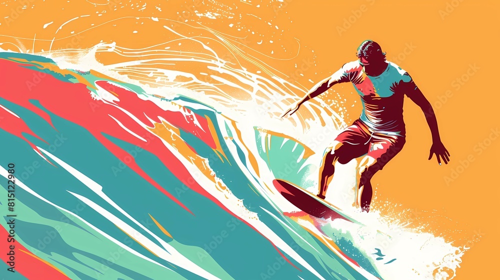 Illustration of a surfing man, dynamic lines and intense colors