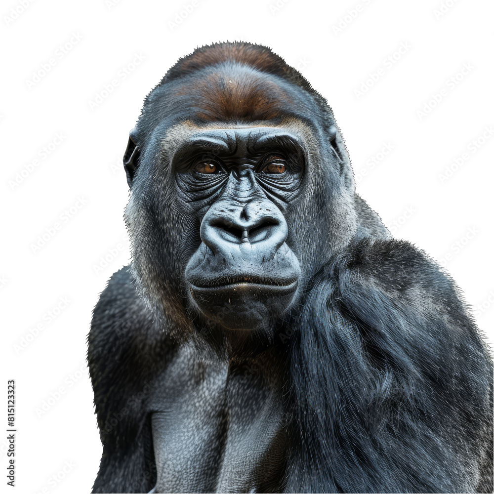 Close-up of a gorilla looking directly at the camera against a Png background, a Gigantic Gorilla Isolated on a whitePNG Background Close-up of a gorilla looking directly at the camera against a Png background, a Gigantic Gorilla Isolated on a whitePNG Background