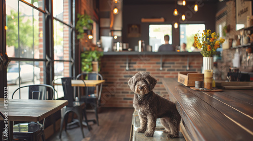 Small dog sitting on stool in pet friendly bar or cafe with bartender in background, copy space photo