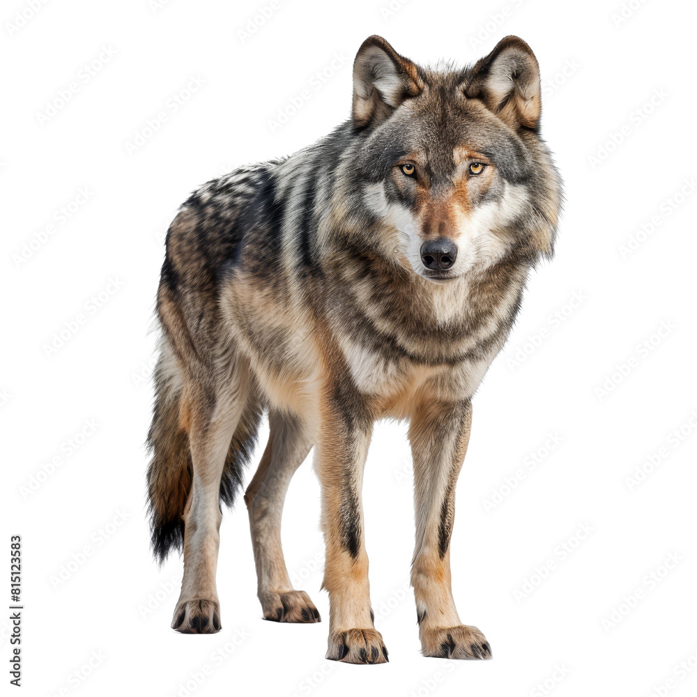 A gray wolf stands against a stark white backdrop, a gray wolf isolated on transparent background