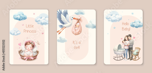 Baby Shower invitation templates with watercolor cute design elements.