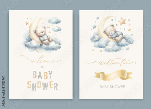 Cute baby shower watercolor invitation card for baby and kids new born celebration. With clouds, moon, stars, teddy bear and calligraphy inscription.
