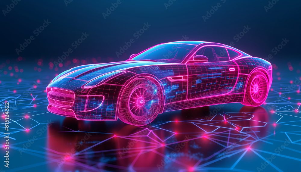 Neon wireframe sports car on dark background Neon wireframe sports car on dark background