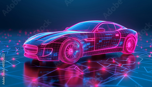 Neon wireframe sports car on dark background