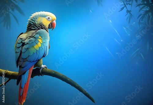 A tropical parrot with a stunning plumage of green, blue, and yellow feathers sitting on a branch in the heart of a lush, dense rainforest, its loud calls drawing the attention of nearby wildlife.