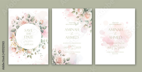 Wedding invitation template with watercolor soft rose flowers decoration.