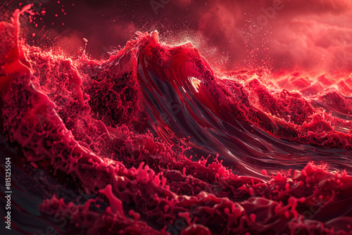 Abstract red waves crashing against a virtual shore, symbolizing the relentless tide of AI advancement reshaping the landscape of human experience. photo