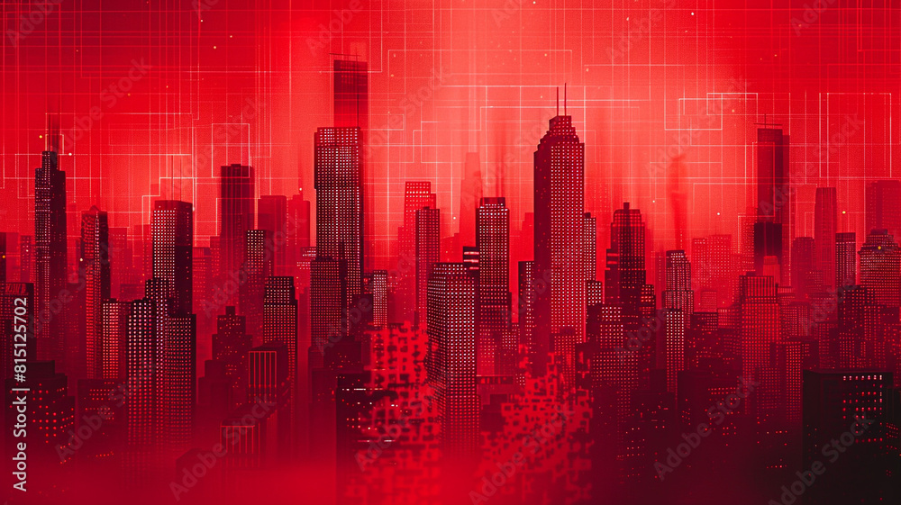 An abstract crimson skyline dotted with pixelated skyscrapers, symbolizing the virtual landscape shaped by AI innovation.