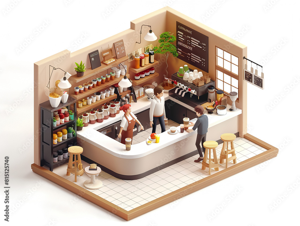 3D coffee shop with baristas and customers enjoying drinks,3D vector illustrations 3D coffee shop with baristas and customers enjoying drinks,3D vector illustrations
