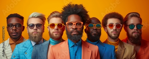 Stylish men posing in colorful attire and shades