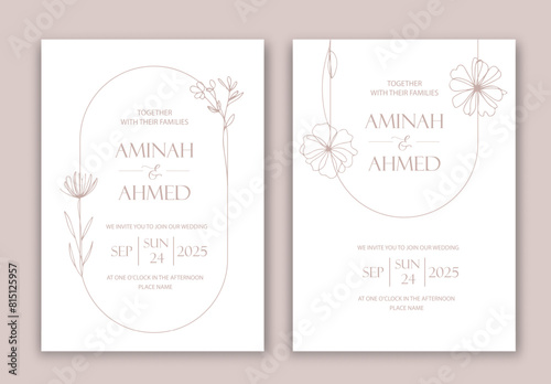 Wedding Invitation with Flowers in line design.