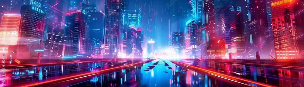 3D digital landscape with neon lights and futuristic architecture,watercolor illustrations