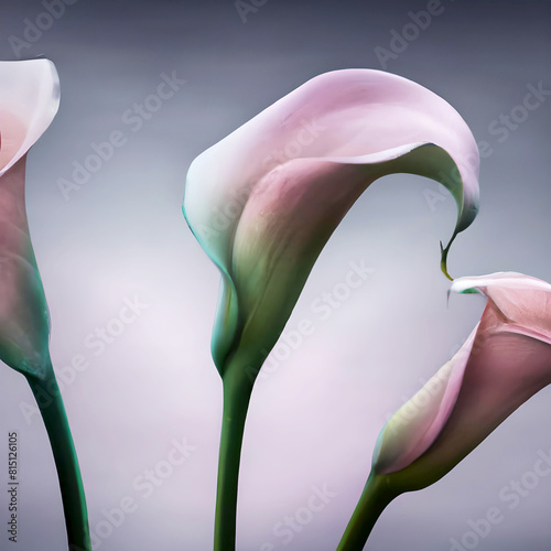 Close-up of three watercolored pink calla lilies' corollas on a light gray background
