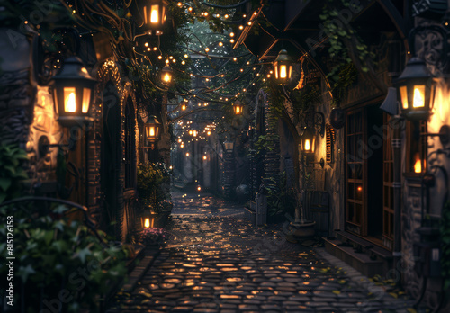 Charming cobblestone alleyway lined with lanterns