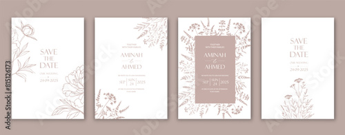 Wedding Invitation with Flowers in line design.