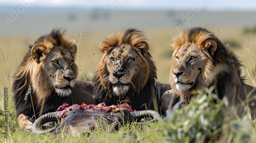 A Powerful Pride of Lions Feasting on a Fresh Wildebeest Carcass in the African Savanna