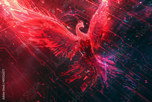 A digital red phoenix rising from the ashes of obsolete technology, embodying the transformative power of AI in revolutionizing industries.