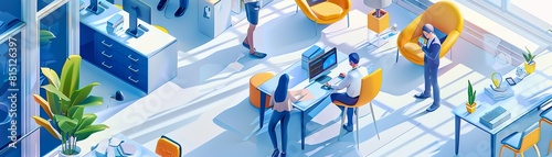3D isometric tech startup office space with young professionals,watercolor illustrations