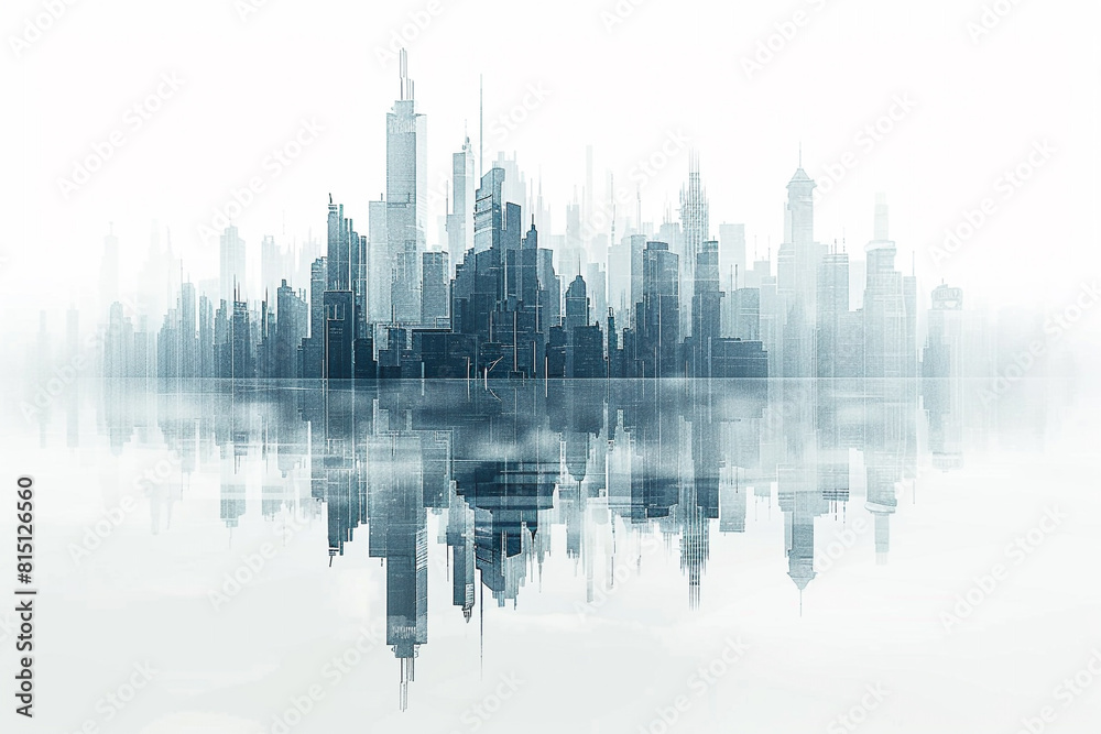 A futuristic city skyline reflected in a glassy surface, creating a surreal mirrored effect against a white sky.