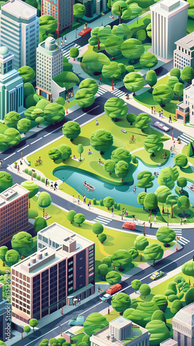 3D isometric view of a busy urban park scene,3D vector illustrations