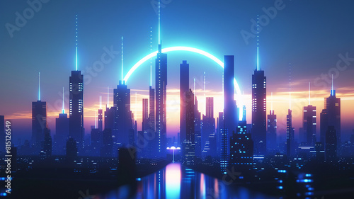 A futuristic city skyline silhouetted against a twilight sky, with neon lights casting a soft blue glow over the urban landscape.