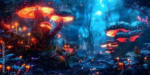 Vivid alien forest with glowing mushrooms and unknown vibrant plant life. Concept Alien Forest  Glowing Mushrooms  Vibrant Plant Life  Sci-Fi Landscape  Mysterious Ecosystem
